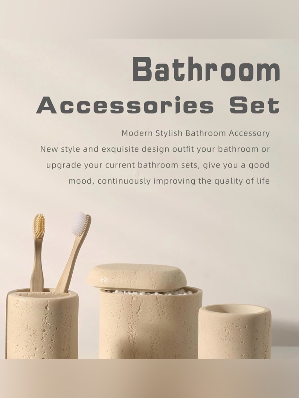 NIB Bath Accessories Set - Travertine Resin - Toothbrush, Cup, Covered Box